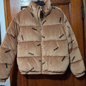 Tan Puffer Jacket with Black Logo Accents